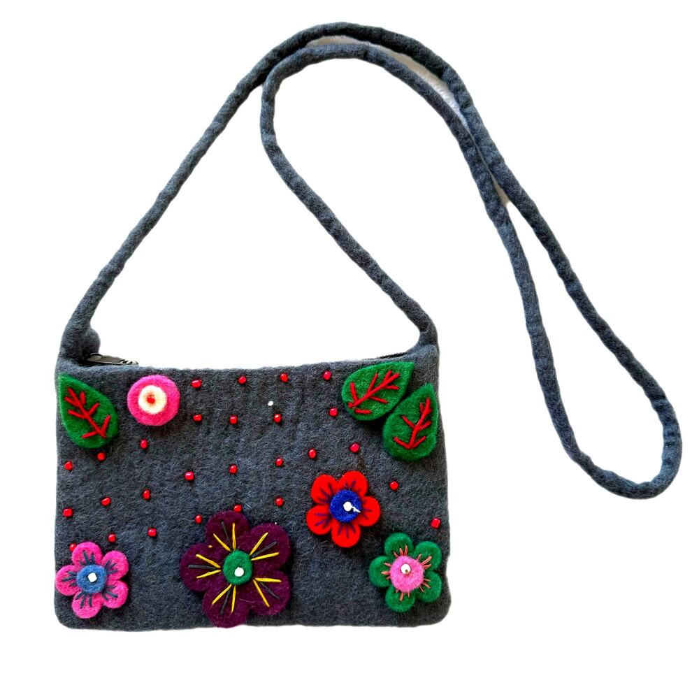 Artisan Colorful Felt Flower and Petal Boho Cottage Fairy Crossbody Purse